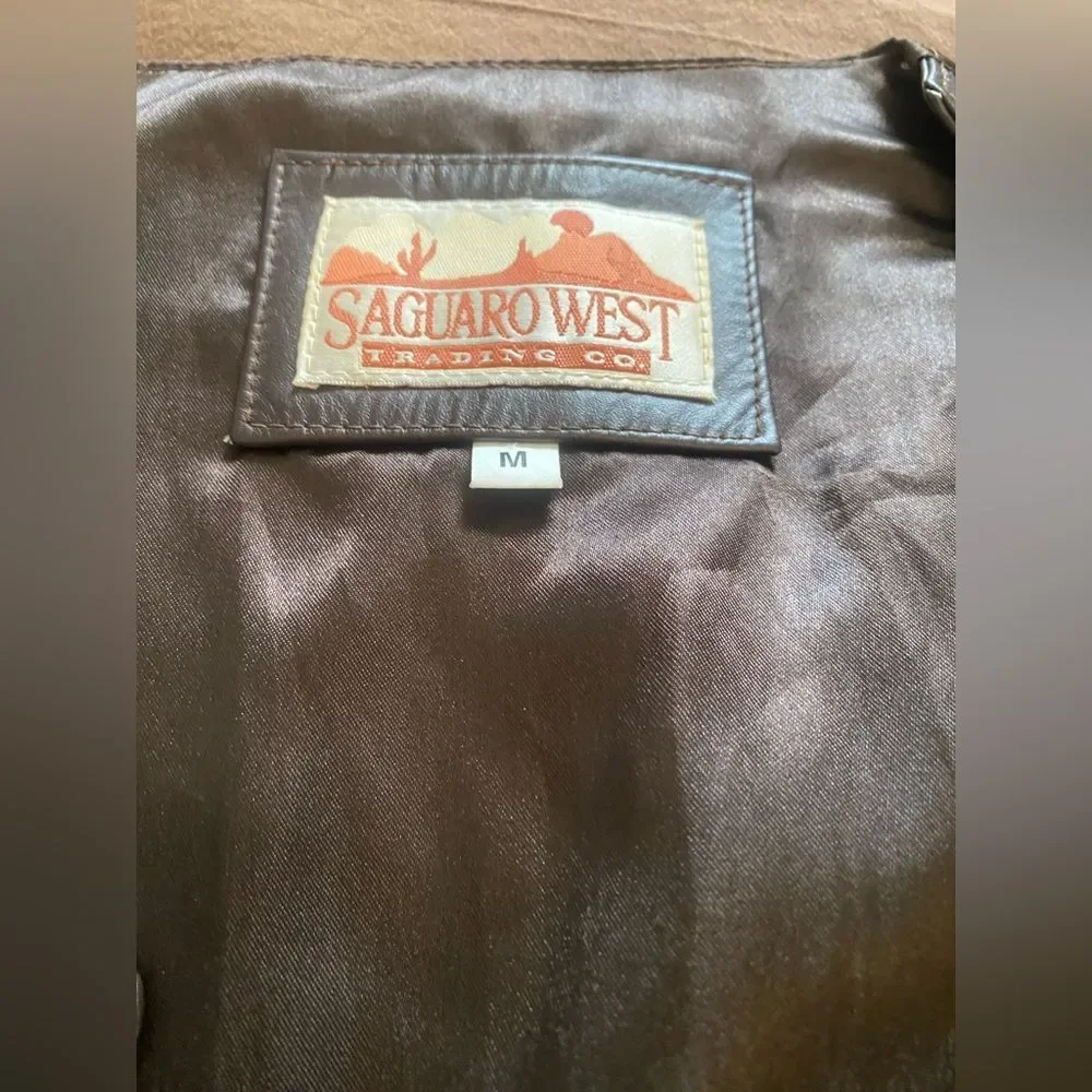 Vintage Saguaro West Brown Leather Vest Medium Western Cowboy Biker Cowboycore